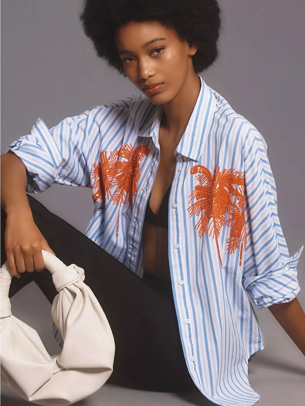 NWOT Essentiel Antwerp Fresh Woven Embellished Striped Shirt Sequin Palm Sz 6
